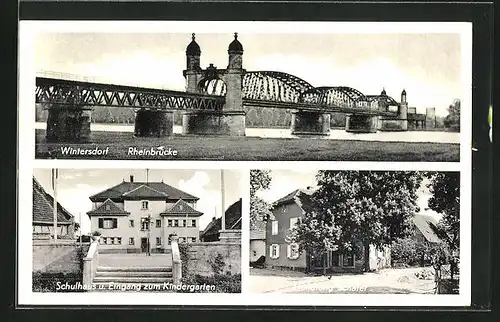 AK Wintersdorf /Rhein, Handlung Schäfer, Schulhaus, Rheinbrücke