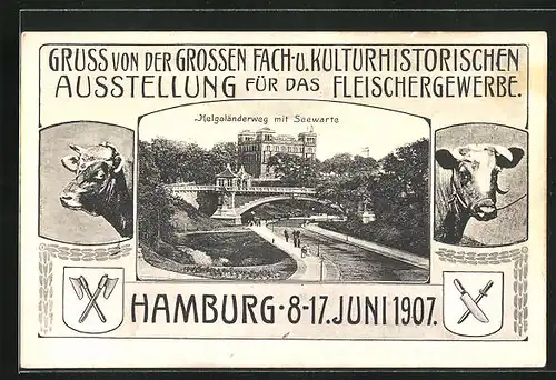 AK Hamburg, Grosse Fach- und Kulturhistorische Ausstellung für das Fleischergewerbe 1907, Helgoländerweg mit Seewarte