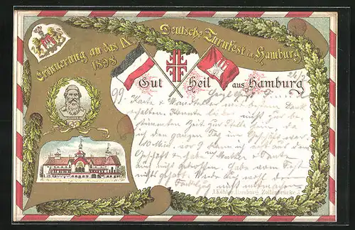 Lithographie Hamburg, IX. Deutsches Turnfest 1898, Turnvater Jahn im Lorbeerkranz