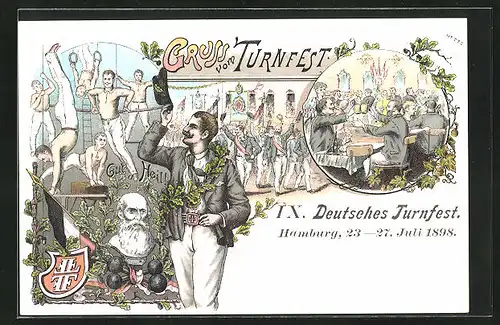 Lithographie Hamburg, IX. Deutsches Turnfest 1898, Feiernde Turner