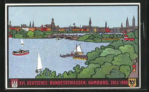 Künstler-AK Hamburg, XVI. Deutsches Bundesschiessen 1909, Panorama mit Lombardsbrücke