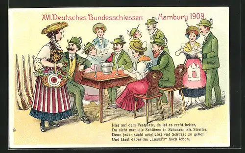 Künstler-AK Hamburg, XVI. Deutsches Bundesschiessen 1909, Schützen und Mädchen in Tracht