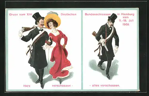 AK Hamburg, XVI. Deutsches Bundesschiessen 1909, Erfolgreicher Schütze mit Mädchen