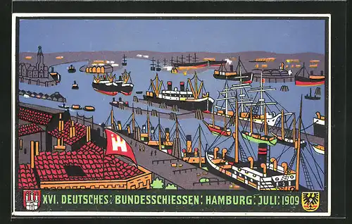 Künstler-AK Hamburg, XVI. Deutsches Bundesschiessen 1909, Hafen