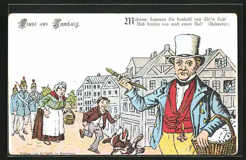 Künstler-AK Hamburg, Aalweber preist seine Ware an