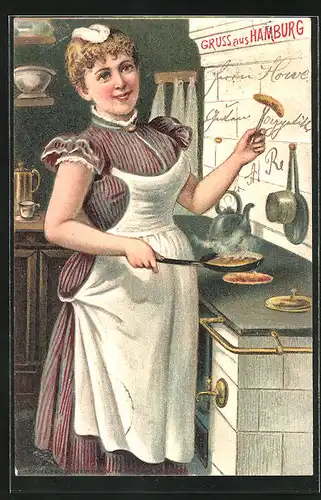 Künstler-AK Hamburg, Dienstmädchen beim Kochen