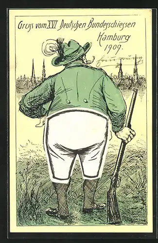 Künstler-AK Hamburg, XVI. Deutsches Bundesschiessen 1909, Schütze mit leerer Schubtasche in der Hose