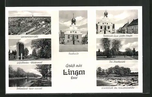 AK Lingen, Rathaus, Wasserfall bei Hanekenfähr, Gefallenen-Ehrenmal