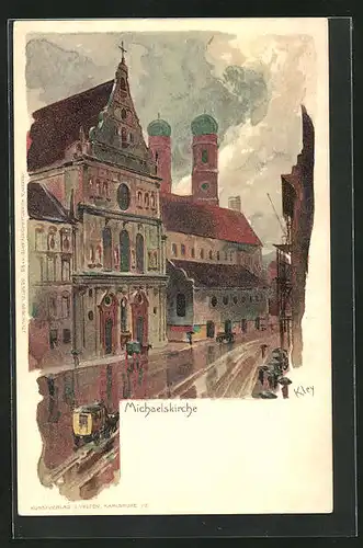 Künstler-AK Heinrich Kley: München, Michaelskirche unter schweren Regenwolken