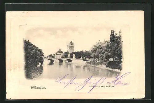 AK München, Isarbrücke und Volksbad