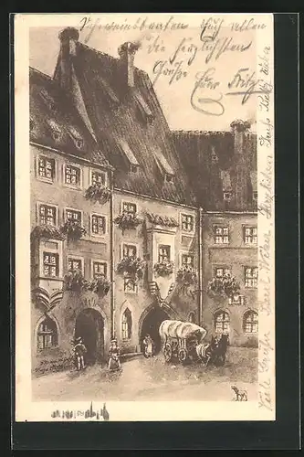 Künstler-AK München, Drei Rosen am Rindermarkt im 16. Jh.