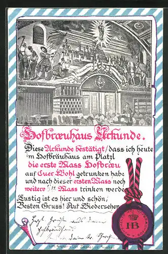AK München, Gasthaus Münchner Hofbräuhaus, Urkunde