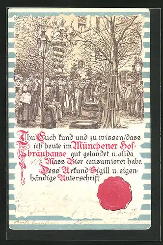 Lithographie München, Gasthaus Münchner Hofbräuhaus, Urkunde, Gäste im Aussenbereich