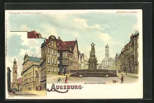 Lithographie Augsburg, Maximilianstrasse mit Herkules, Rathaus, Halt gegen das Licht: Vollmond