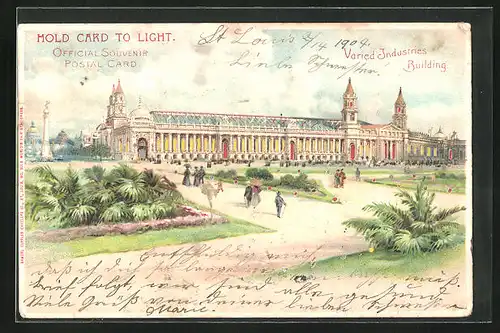 Lithographie St. Louis, World`s Fair 1904, Varied Industries Building, Halt gegen das Licht