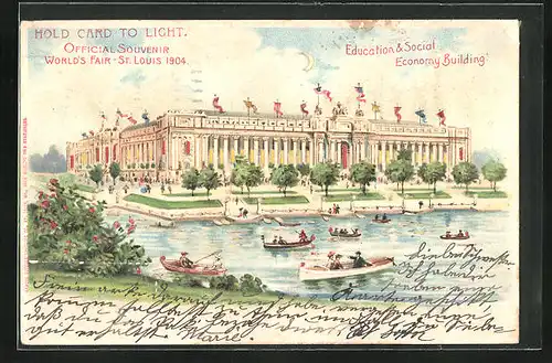 Lithographie St. Louis, World`s Fair 1904, Education & Social Economy Building, Halt gegen das Licht