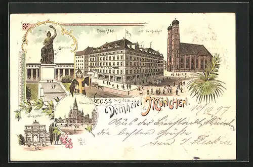 Lithographie München, Domhotel mit Domfreiheit, Liebfrauenstrasse, Bavaria