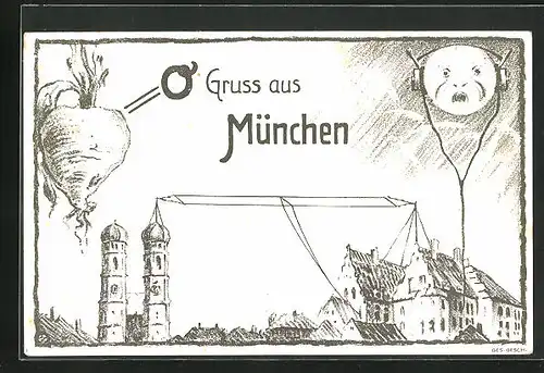 Künstler-AK München, Frauenkirche, Bilderrätsel Radiogruss