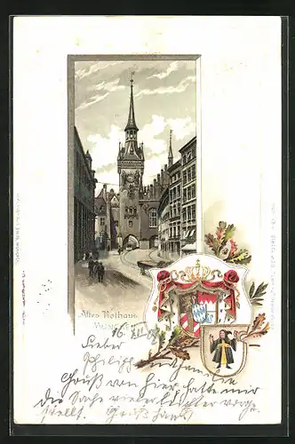 Passepartout-Lithographie München, Strassenpartie mit Altem Rathaus, Wappen