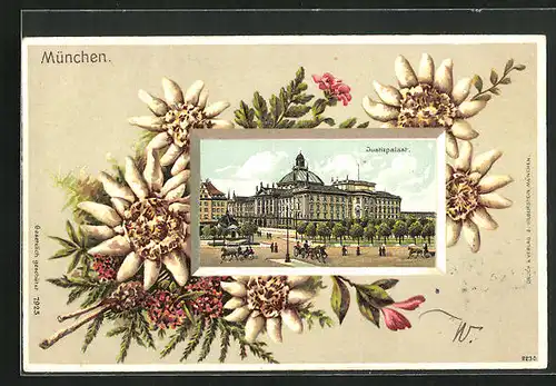 Passepartout-Lithographie München, Justizpalast, Edelweiss