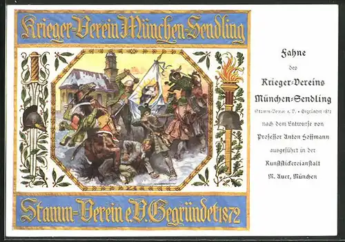 AK München-Sendling, Fahne des Krieger-Vereins, Szene aus Schlacht