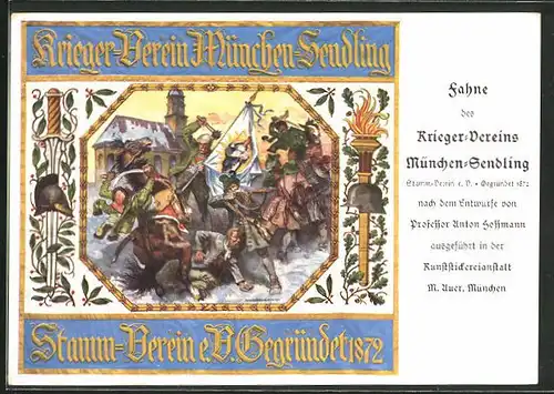 AK München-Sendling, Fahne des Krieger-Vereins, Szene aus Schlacht
