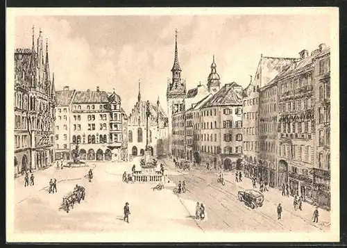 Künstler-AK München, Panorama vom Marienplatz