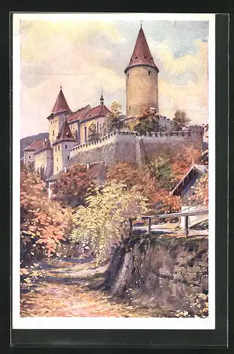 Künstler-AK Krivoklat, Blick zur Burg