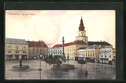 AK Kremsier, Grosser Platz mit Denkmal