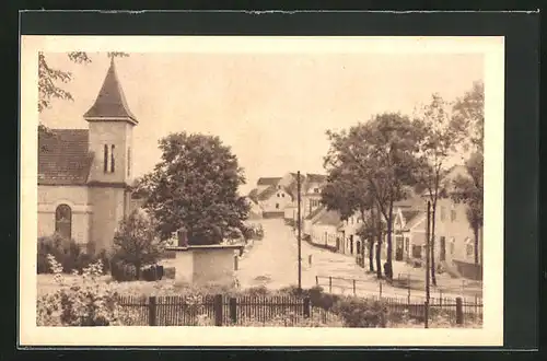 AK Skalice n. Svitavou, Strassenpartie mit Kirche