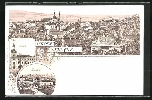 Lithographie Chotzen / Chocen, Nádrazi /Bahnhof, Radnice, Panoramablick auf die Stadt