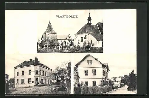 AK Vlastiborice, Geschäft, Kirche und Friedhof, Gebäudeansicht