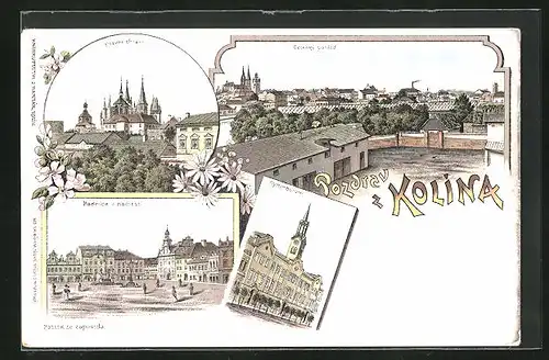 Lithographie Kolin, Celkovy pohled, Radnice a namesti, Hlavni chram