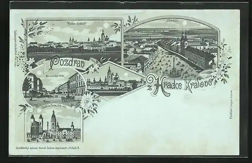 Mondschein-Lithographie Königgrätz / Hradec Kralove, Namesti, Komenskeho trida, Chram sv. Ducha Bila vez