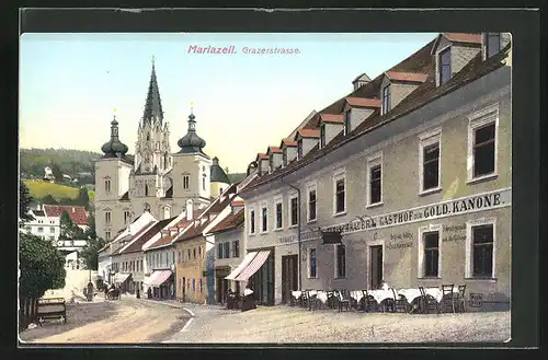 AK Mariazell, Gasthof zur Gold. Kanone in der Grazerstrasse