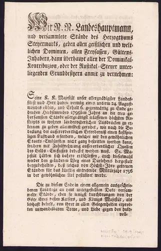 Verordnung Graz, Schreiben bezüglich Militäranleihe von 1795, verfasst von Karl Thomas Graf v. Breuner