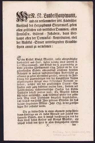 Verordnung Graz, Schreiben bezüglich Kriegsanleihe von 1794, verfasst von Sekretär Johann Rep. Fast