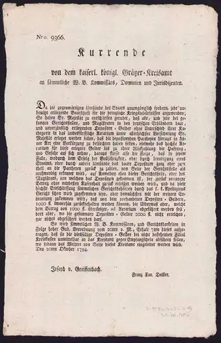 Kurrende Graz, Schreiben bezüglich der Kriegsabgaben von 1794, verfasst von Joseph v. Greiffenbach