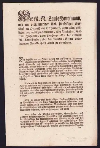 Kurrende Graz, Schreiben bezüglich Kriegsanleihen von 1794, verfasst von Karl Thomas Graf v. Breuner