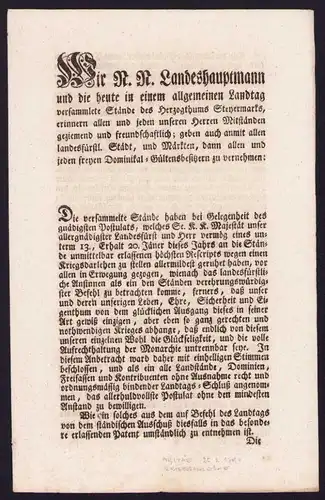 Kurrende Graz, Schreiben bezüglich der Kriegsanleihen von 1794, verfasst von Karl Thomas Graf v. Breuner