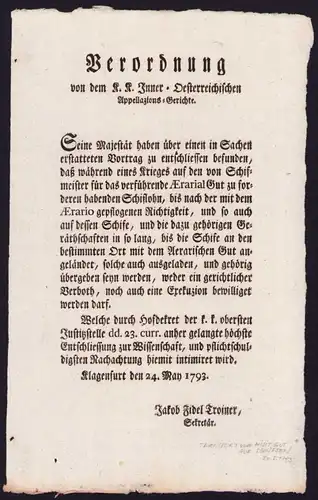 Verordnung Klagenfurt, Transport von militärischem Gut auf Schiffen von 1793, verfasst von Sekretär Jakob Fidel Troiner