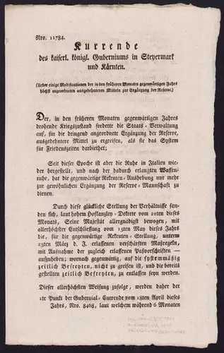 Kurrende Graz, Schreiben bezüglich Aufhebung von Kriegsverordnungen von 1821, verfasst von Christian Graf v. Aicholt