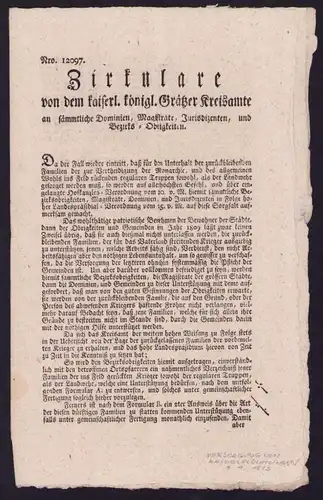 Zirkulare Graz, Versorgung von Kriegsflüchtlingen von 1813, verfasst von Anton Freyherr v. Spiegelfeld