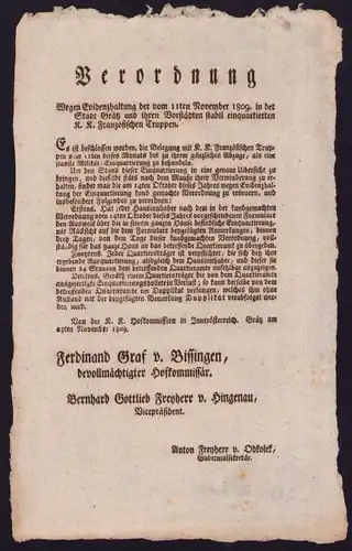 Verordnung Graz, Einquartierung französischer Truppen von 1809, verfasst von Ferdinand Graf v. Bissingen