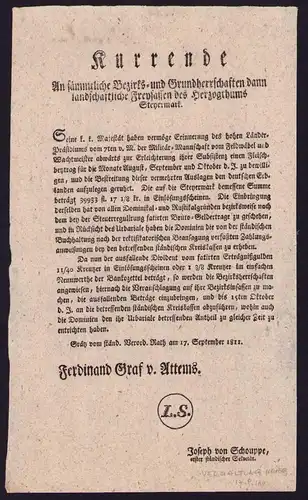 Kurrende Graz, Schreiben bezüglich Verwaltung im Krieg von 1811, verfasst von Ferdinand Graf v. Attems