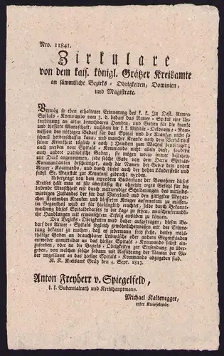 Zirkulare Graz, Versorgung der Kranken von 1813, verfasst von Anton Freyherr v. Spiegelfeld