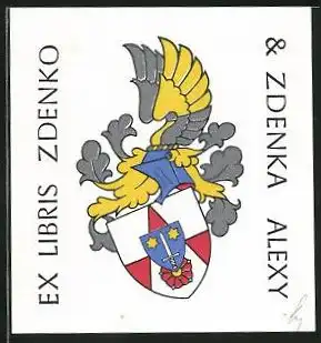 Exlibris Zdenko & Zdenka Alexy, Wappenschild mit Schwert, geflügelter Ritterhelm