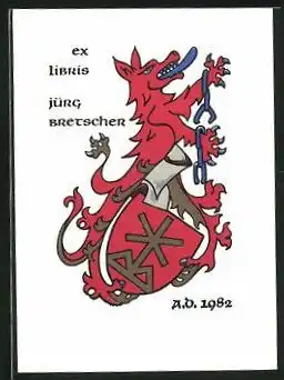 Exlibris Jürg Bretscher, Wolf mit gesprengten Ketten nebst Wappenschild