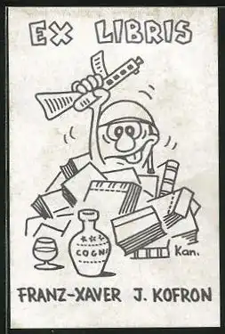 Exlibris Franz-Xaver J. Kofron, Soldat reckt Sturmgewehr aus Bücherstapel empor