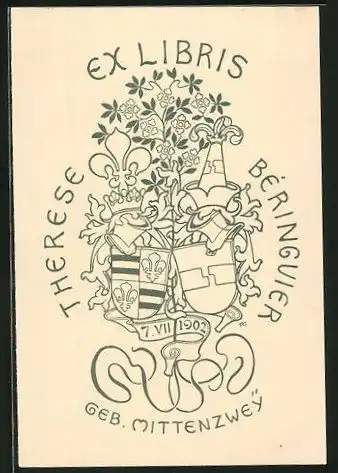 Exlibris Therese Beringuier Geb. Mittenzwey, Wappen mit Ritterhelmen und Lilie, Jahreszahl 1902